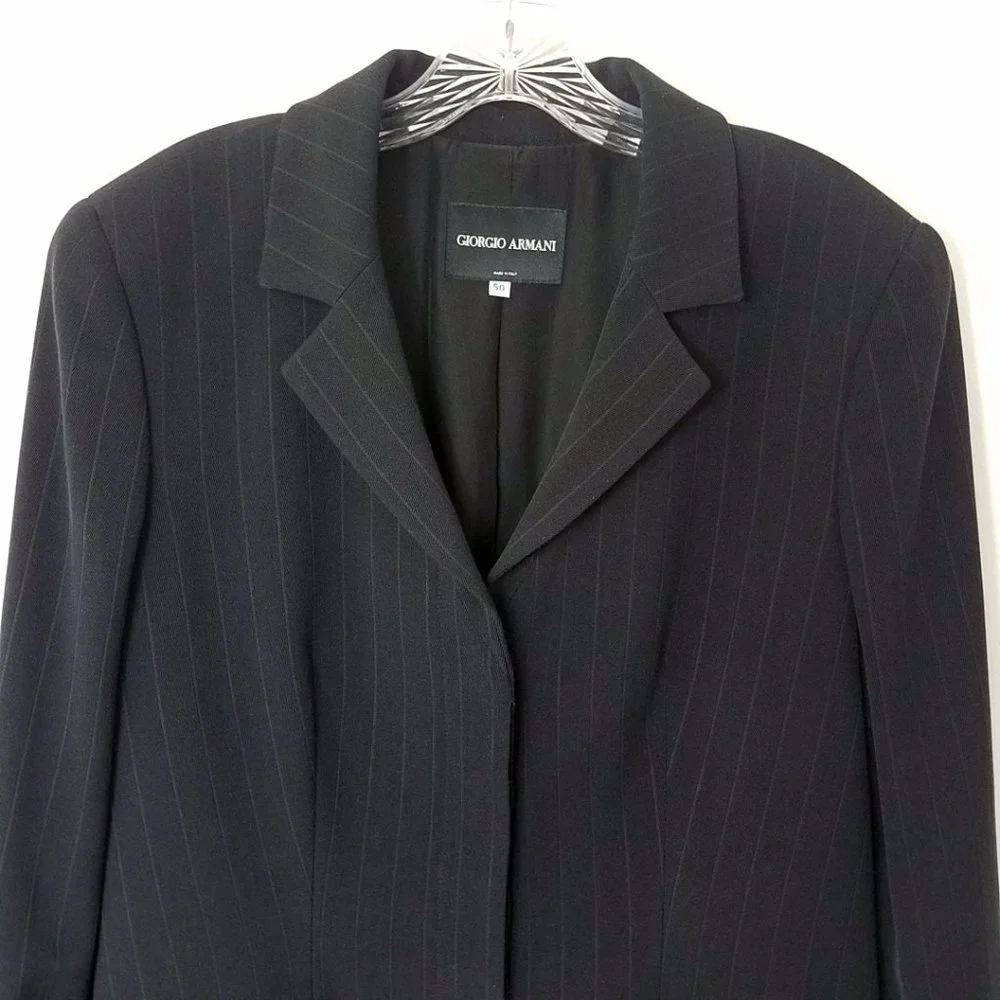 Giorgio Armani Size 14 Navy Blue Pin Lama Wool Blend Blazer Suit Coat Jacket - Picture 2 of 16